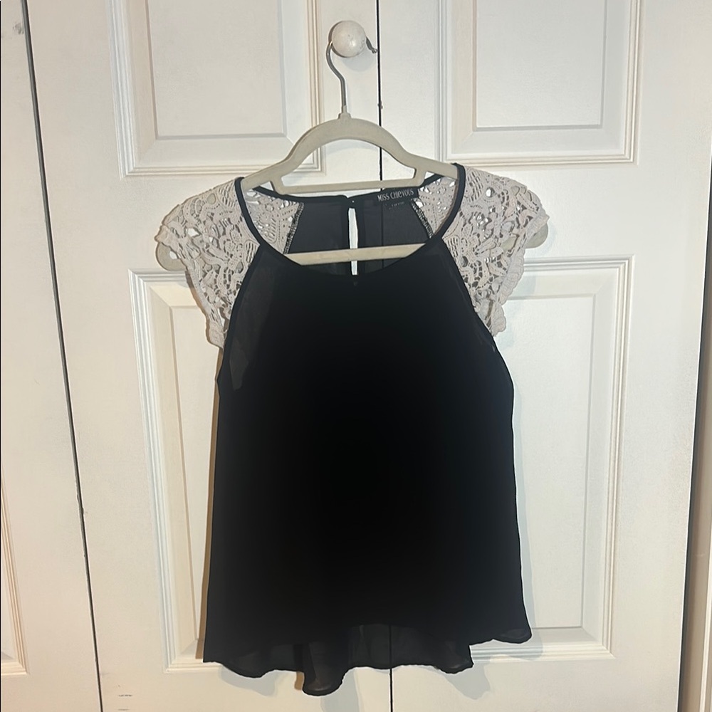 Shear Black Blouse with White Lace Sleeves